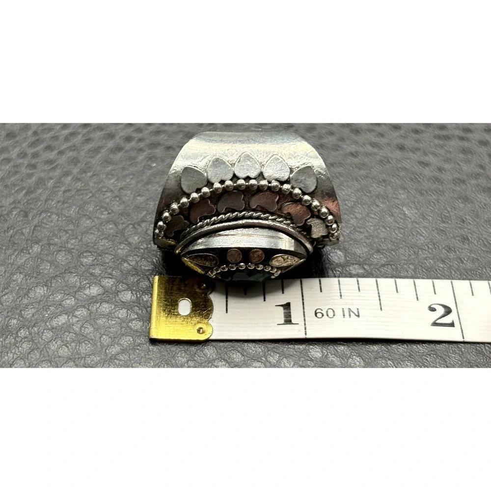 Vintage Huge Tribal Green Stone Oval Statement Ring Size 7 Silver Tone